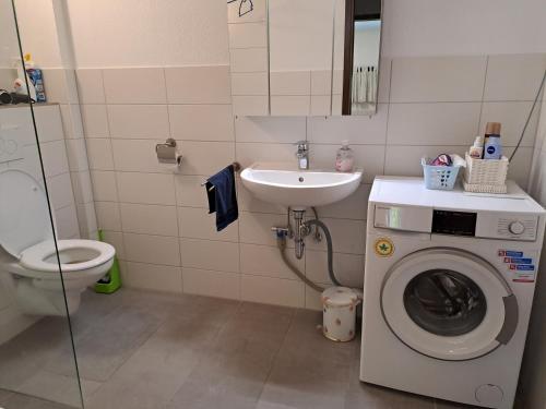 a bathroom with a washing machine and a sink at Ferienwohnung Gitta 