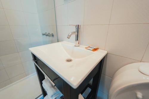 La salle de bains est pourvue d'un lavabo, d'une douche et de toilettes. dans l'établissement Apartur Buenos Aires, à Buenos Aires