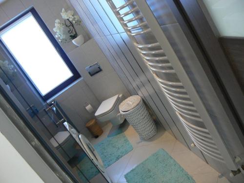 Elle offre une vue sur la salle de bains pourvue de toilettes et d'une fenêtre. dans l'établissement Apartment Poland, à Sułkowice