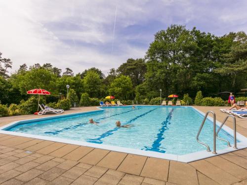 a large swimming pool with people in the water at Chalet by Forest Edge with Modern Design in Markelo