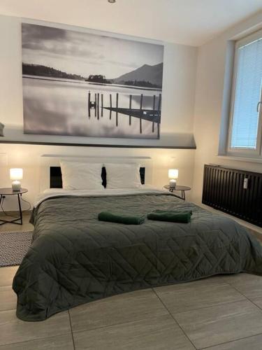 a bedroom with a large bed with a painting on the wall at Welcome Beds in Bratislava