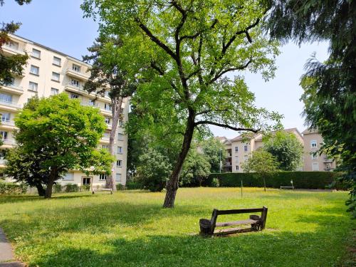 un banc de parc assis dans l'herbe près d'un arbre dans l'établissement L'Edelweiss Campus & Parking privé securisé, à Gières
