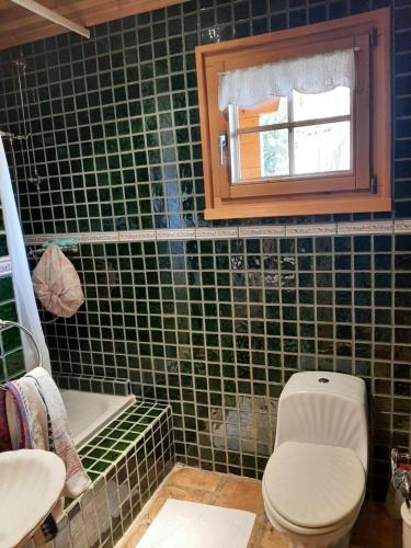 a green tiled bathroom with a toilet and a tub at Chalet Blettner in Randa