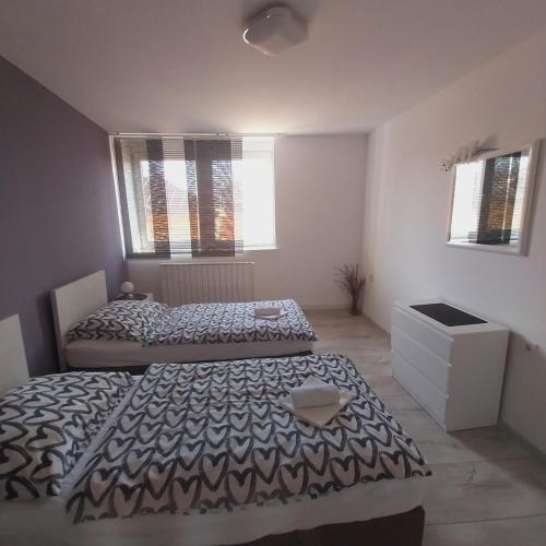 a bedroom with two beds and a dresser and two windows at Apartman Bloom in Osijek
