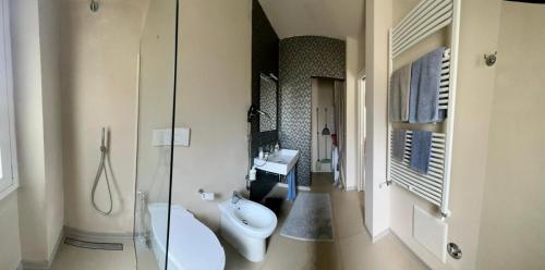 ein Bad mit einem WC, einem Waschbecken und einer Dusche in der Unterkunft Piccolo Loft in centro Asti in Asti