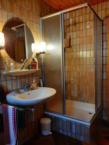 a bathroom with a sink and a shower at Chalet Blettner in Randa