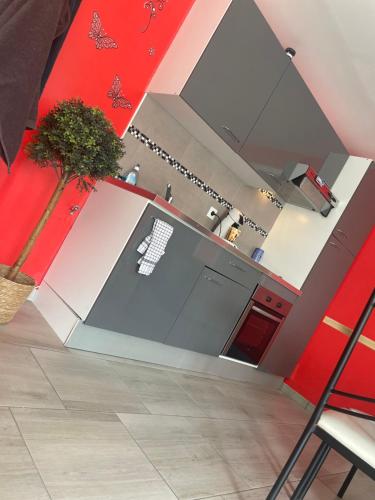 een keuken met rode en witte muren en een aanrecht bij L'espace détente in Beuvry