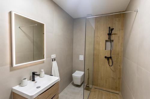 a bathroom with a shower and a sink and a toilet at Apartman Krželj B4 in Livno