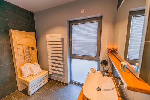 een badkamer met een wastafel, een toilet en een raam bij Holzspan in Seiffen