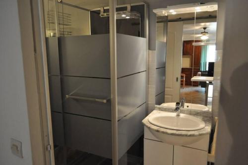 une salle de bain avec un lavabo et des toilettes dans l'établissement Loc vacances appart T2 meublée 1 er proche plage, à Mèze
