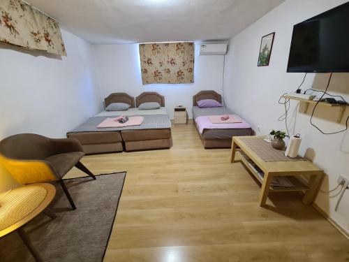 a living room with two beds and a tv at Ori in Podgorica