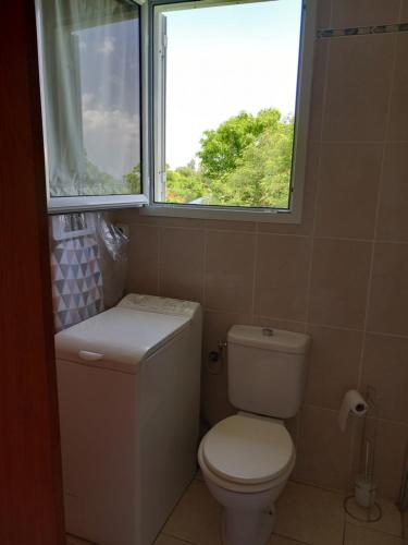 łazienka z toaletą i oknem w obiekcie La Source : Mer et source d'eau chaude w mieście Bouillante