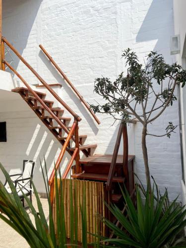 a wooden staircase in a house with a plant at Casa Danda Punta Hermosa in Punta Hermosa