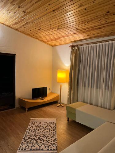 a living room with a bed and a television at Kibala Hotel in Cıralı