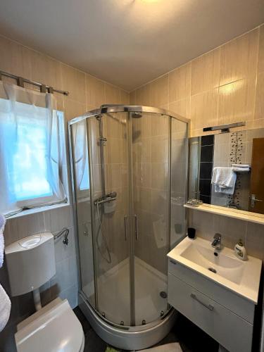 a bathroom with a shower and a toilet and a sink at Vacation Home Between the Waters in Pakoštane