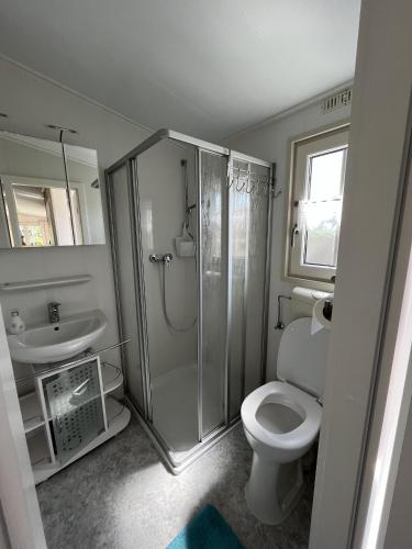 a bathroom with a shower and a toilet and a sink at ZP 470 - Camping de Zandput in Vrouwenpolder