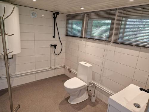 uma casa de banho com um WC, um chuveiro e um lavatório. em Liivakõrtsi kämping em Rõmeda