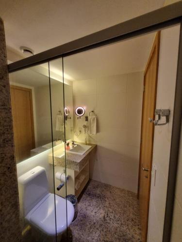 a bathroom with a toilet and a sink and a mirror at Cullinan apart-hotel particular in Brasília