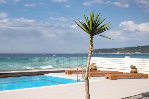 a palm tree sitting next to a swimming pool at Vaso Sea Villa in Ialyssos