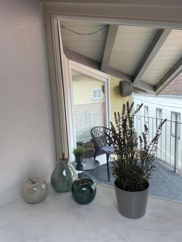 three vases sitting on a porch with plants in them at Ferienwohnungen Egger in Hopfgarten im Brixental