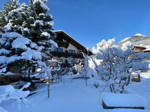 a ski lodge with snow covered trees and a building at Haus Alpenglühen in Ehrwald