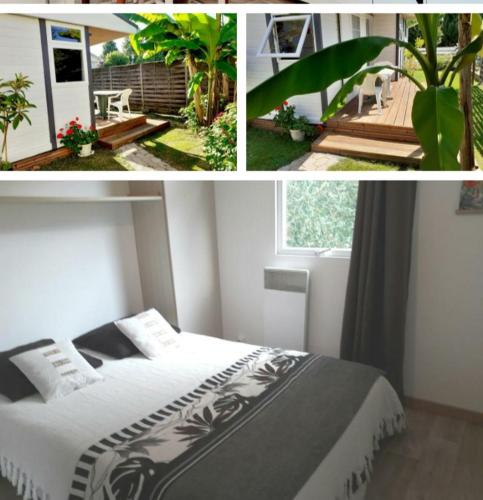 - deux photos d'une chambre avec un lit et une terrasse couverte dans l'établissement Chalet, à Narrosse