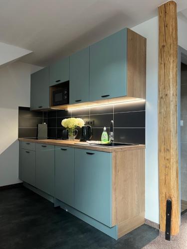 a kitchen with blue cabinets and a counter top at Apartmány U Šťastných in Černý Dŭl