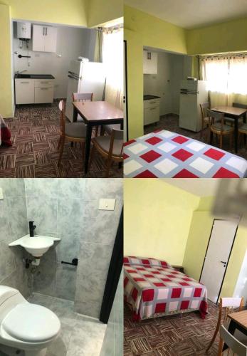 four images of a room with a kitchen and a bathroom at Monoambiente en km3 in Comodoro Rivadavia
