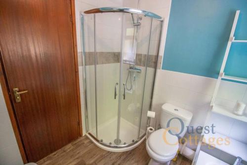 a bathroom with a glass shower and a toilet at Quayside - Rye in Rye