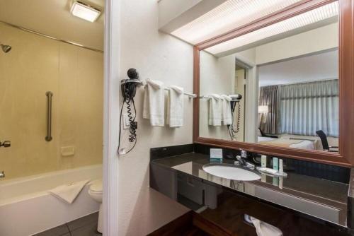 a bathroom with a sink and a large mirror at Quality Inn & Suites in Mount Pleasant