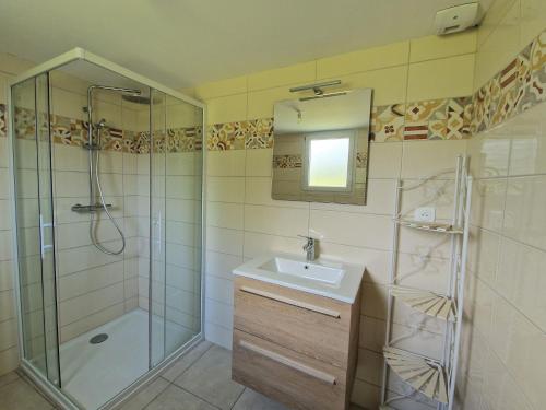 y baño con ducha, lavabo y espejo. en Holiday home in the countryside 15 minutes from the beach, Guerlesquin, en Guerlesquin