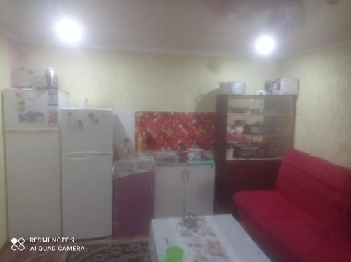 a kitchen with a refrigerator and a red couch at Hostel Kanikei in Dzhetyoguz