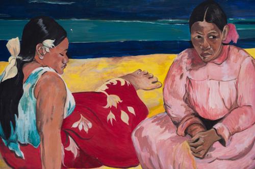 a painting of a woman and a woman sitting on the beach at Gioia 13 Rooms & Apartments in Procida