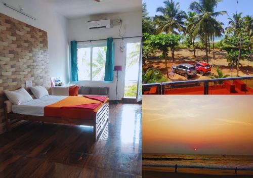 a bedroom with a bed and a view of a beach at Nenapu Beachfront Mangalore in Mangalore