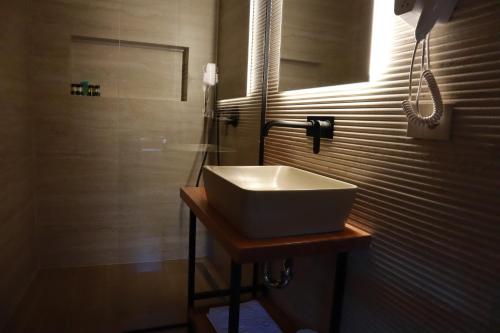 a bathroom with a white sink and a shower at Hani i Gjelit Hotel, Korce in Korçë