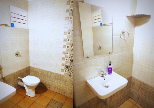 a bathroom with a sink and a toilet and a mirror at Nenapu Beachfront Mangalore in Mangalore