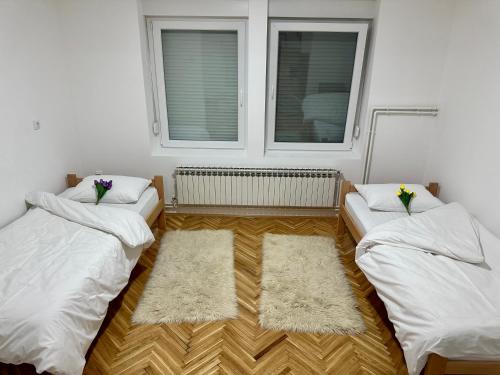 Zimmer mit 2 Betten und 2 Fenstern in der Unterkunft Apartman Maja in Srbobran