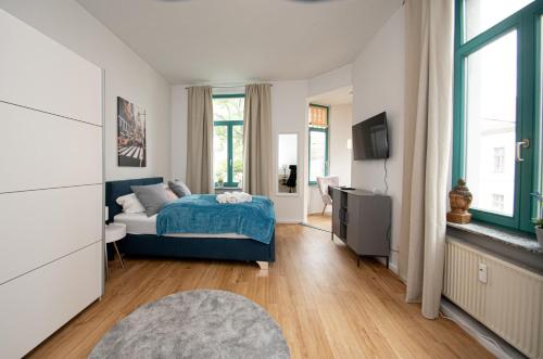 een slaapkamer met een bed en een tv in een kamer bij Room&Go: Zentral - Terrasse - Weber Grill in Halle an der Saale