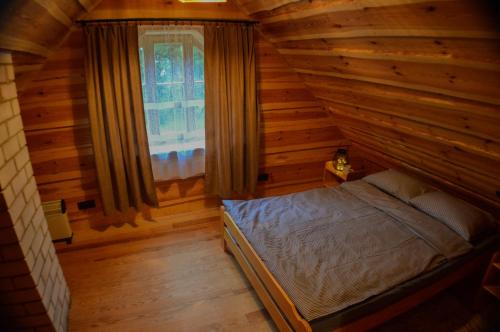 ein Schlafzimmer im Dachgeschoss mit einem Bett und einem Fenster in der Unterkunft Atpūtas namiņš ''Ievnieki'' in Kolka