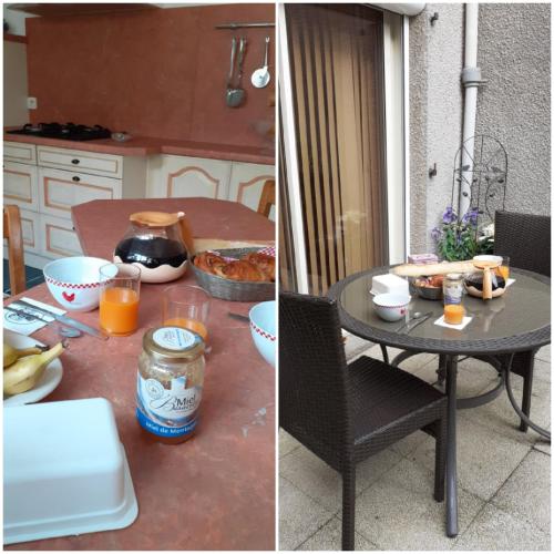 dos fotos de una mesa con comida y zumo de naranja en Chambre un instant de cocooning, 