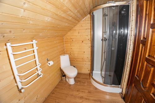 a small bathroom with a toilet and a shower at Готель Чарда in Bukovel