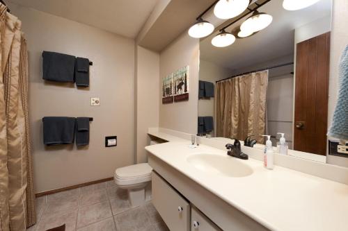 Un baño con lavabo, inodoro y espejo. en Tamarron Lodge Studio 236, en Durango