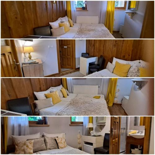 two pictures of a room with two beds in a room at U Hanki in Biały Dunajec