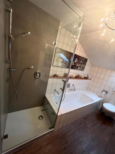 オーベルストドルフにあるFerienwohnung Alpine Styleのバスルーム(シャワー、バスタブ、シンク付)