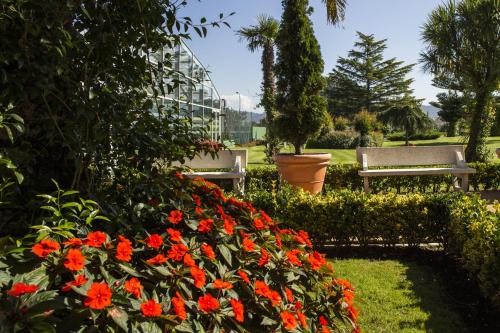 two benches and red flowers in a park at Nuevo Astur Spa in Sanxenxo