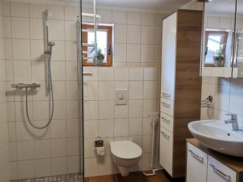 a bathroom with a shower and a toilet and a sink at Ferienhaus Emsblick - a90188 in Walchum