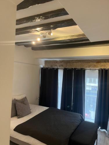 een slaapkamer met een bed en een raam met gordijnen bij le Jasmin appart spacieux hyper centre /netflix in Bourg-en-Bresse