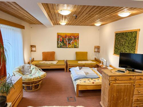 ein Wohnzimmer mit Sofas und einem Flachbild-TV in der Unterkunft Apartmány Limba in Demänovská Dolina