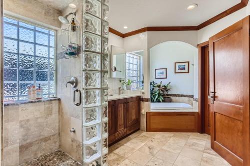 a bathroom with a shower and a tub at 343 S Gilpin St in Denver