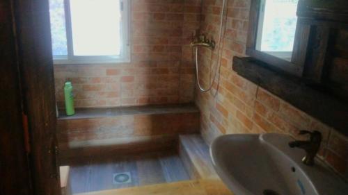 uma casa de banho com um lavatório, uma janela e um chuveiro em Casa de campo Espinosa em La Garnatilla
